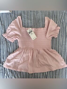 Polo by Ralph Lauren Pink Smocked Peplum Top with Puff Sleeves